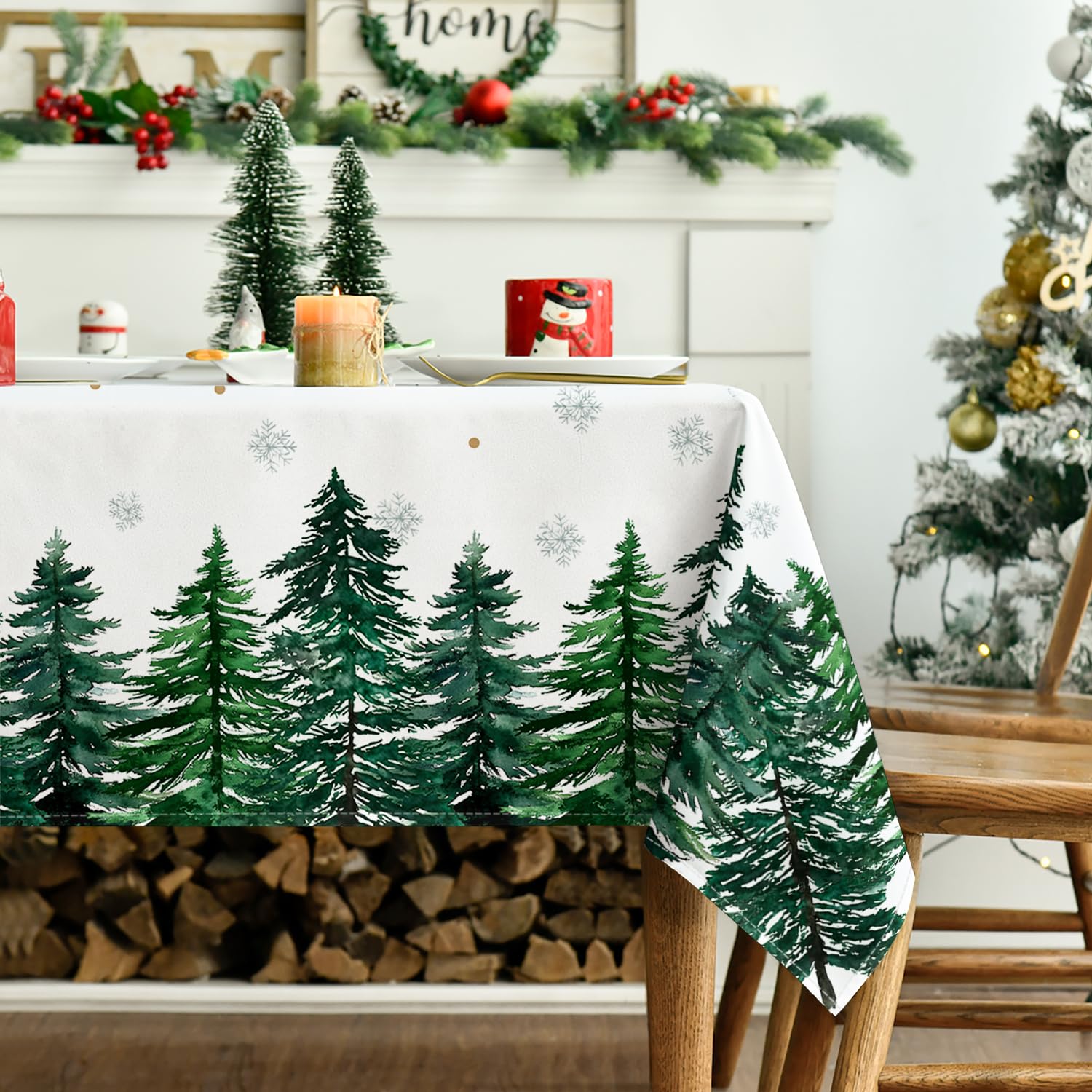 Horaldaily Christmas tablecloth on a dining table with colorful setting.