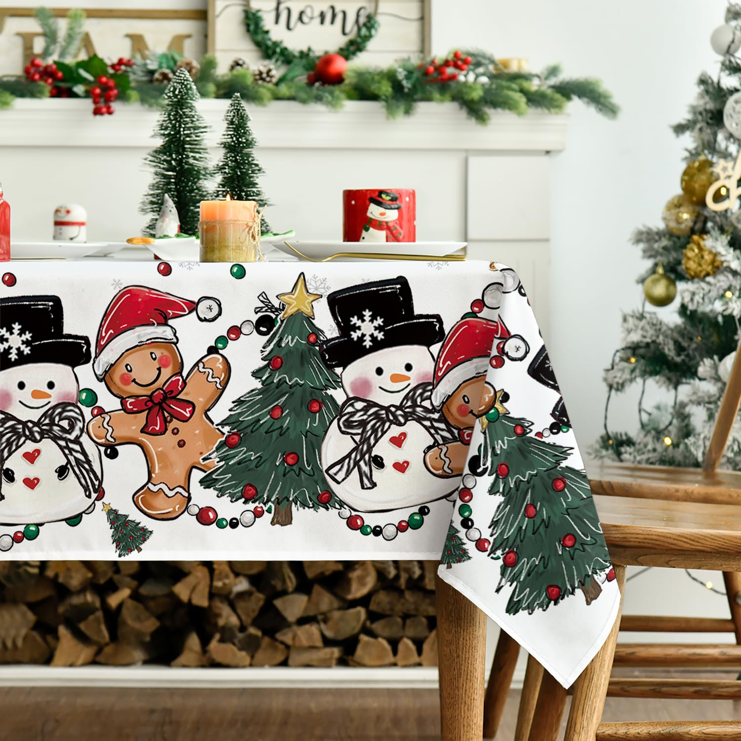 Horaldaily Christmas tablecloth shown on a full table setup for a festive dinner.