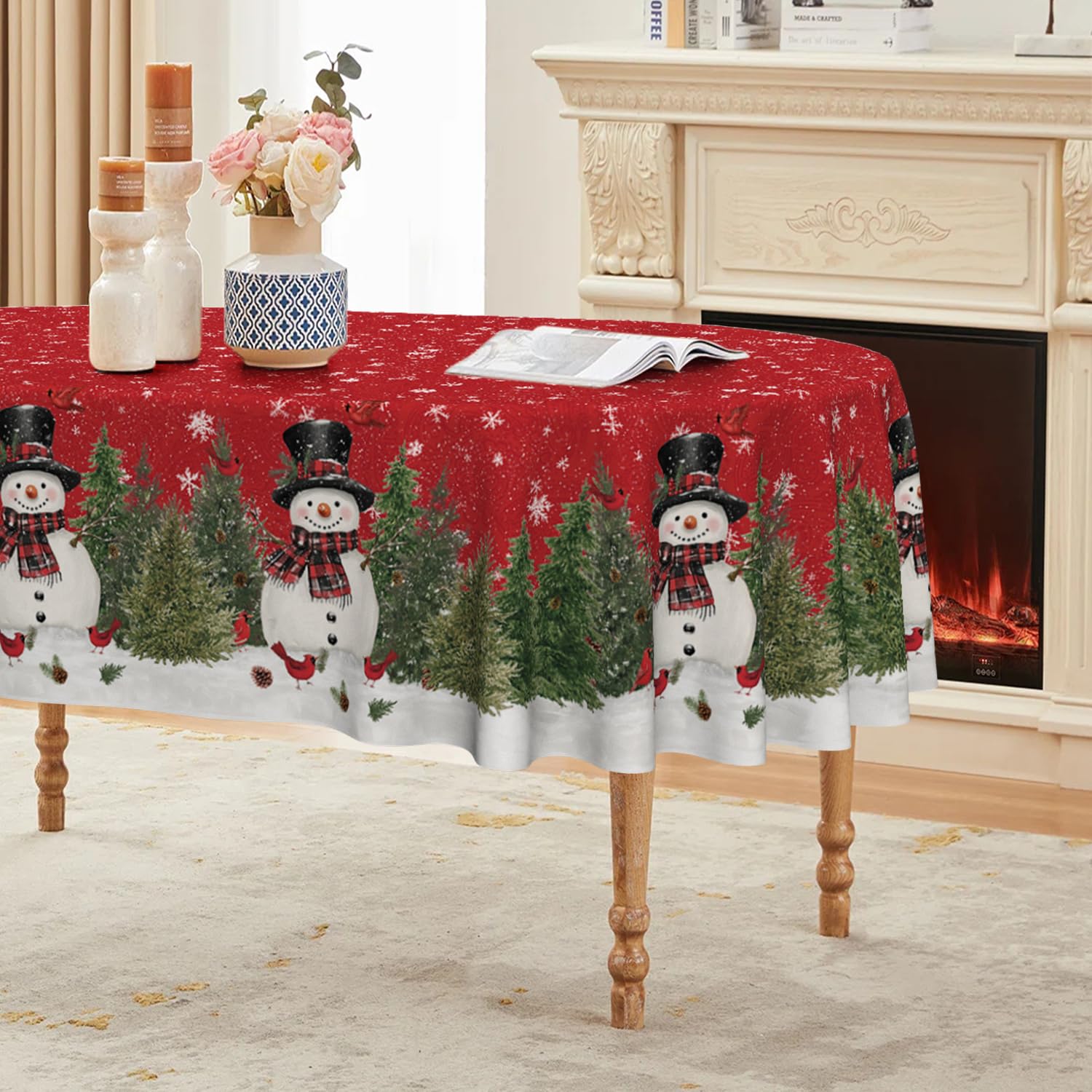 Horaldaily Christmas tablecloth oval with snowmen and trees for festive dining