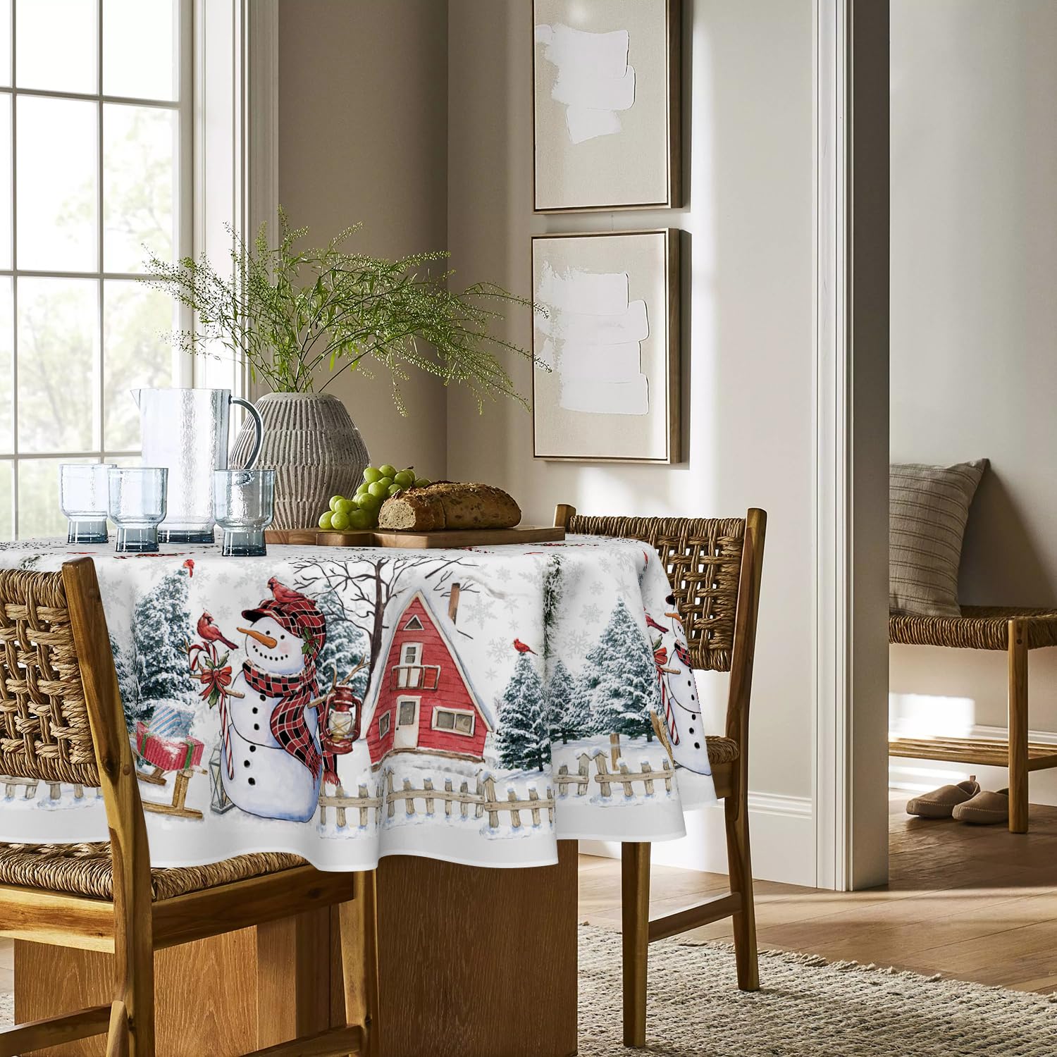 Horaldaily winter scene pattern on round tablecloth enhances ambiance