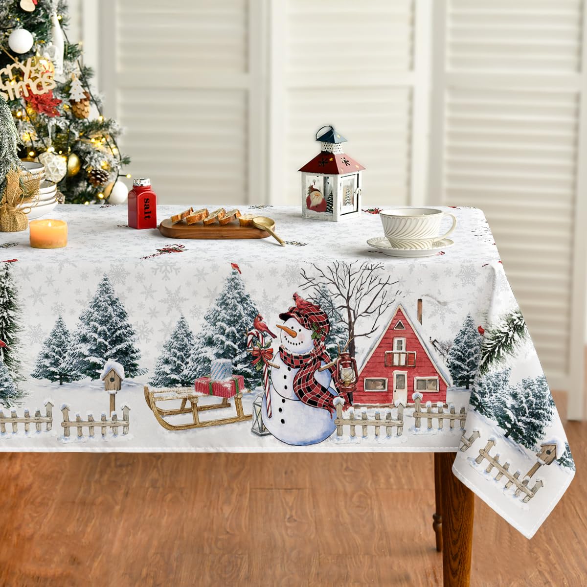 Horaldaily Christmas tablecloth with snowman and trees enhances festive dining ambiance
