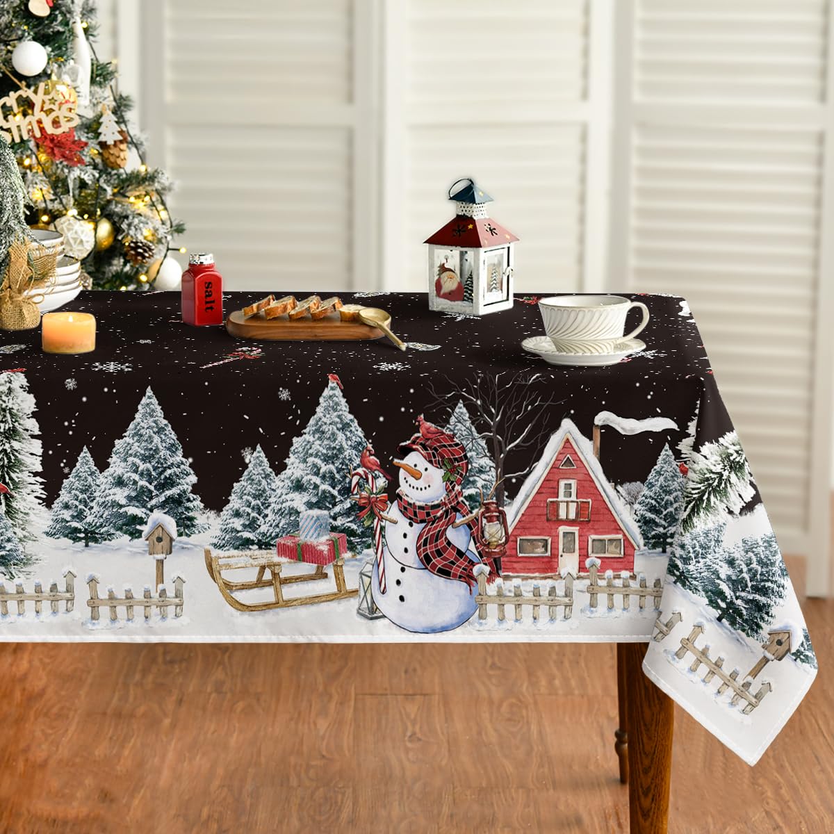 Horaldaily Christmas tablecloth with snowman design for festive family dinners.
