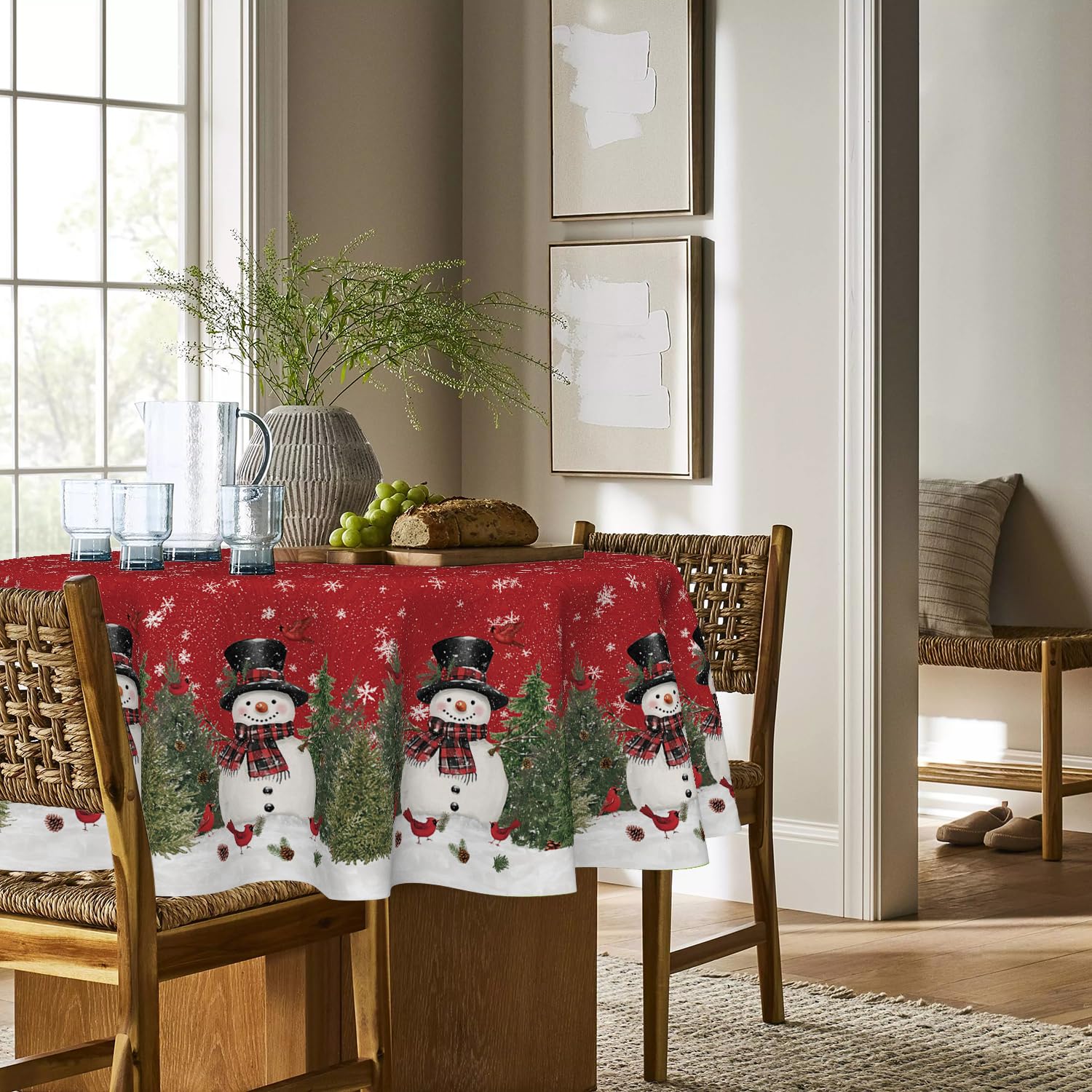 Horaldaily Christmas tablecloth 60x60 round, closeup stitching highlights durability.