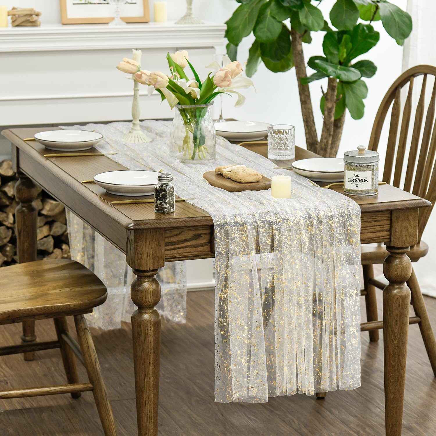 Close-up of golden sequin glitter foil embellishments on Horaldaily tablecloth.