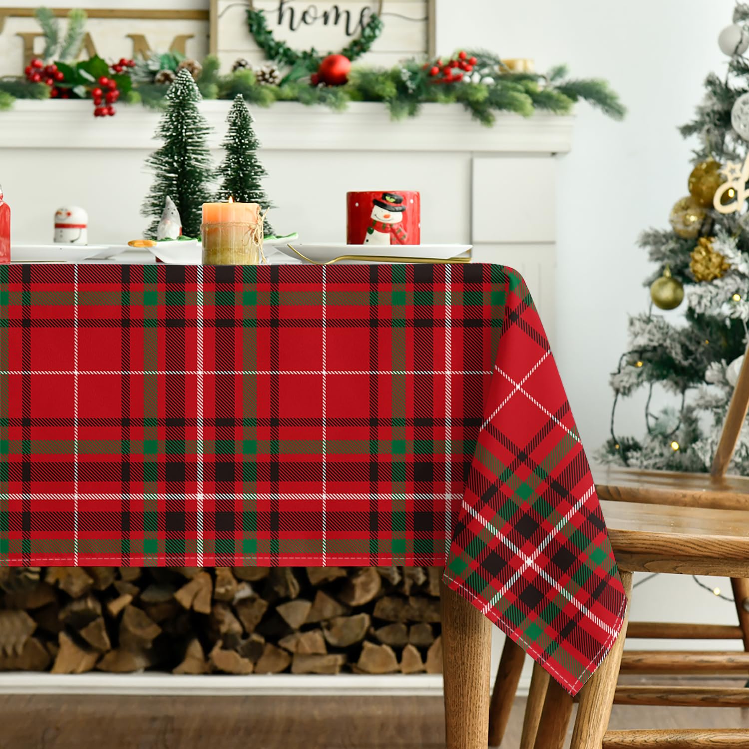 Horaldaily tablecloth close-up reveals vibrant red plaid pattern for seasonal decor.