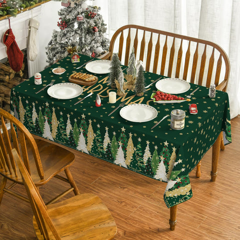 Horaldaily tablecloth green winter pattern enhances a festive dining scene.
