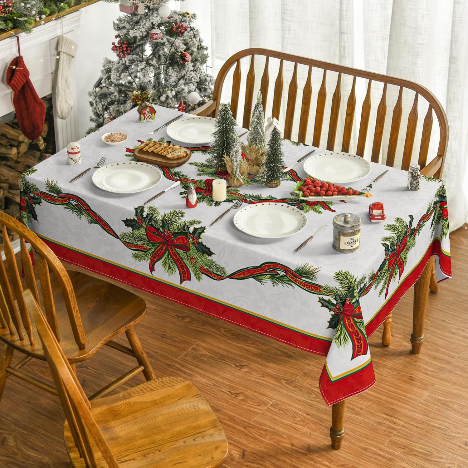 Horaldaily tablecloth showcases poinsettia design to elevate dining room decor.