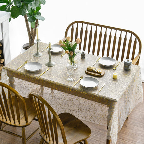 Wedding table setting featuring Horaldaily beige gold gauze tablecloth.