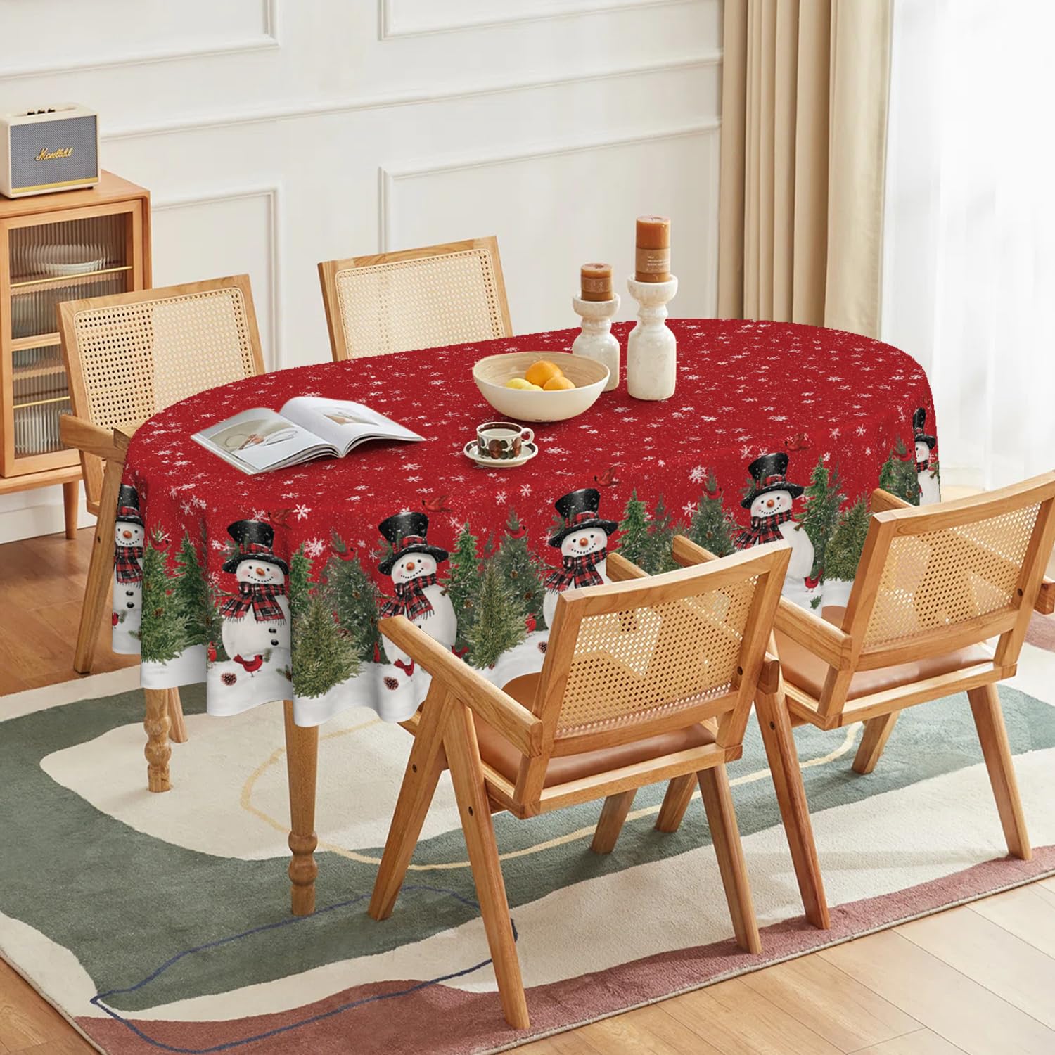 Horaldaily tablecloth features winter snowman and trees pattern for holiday ambience