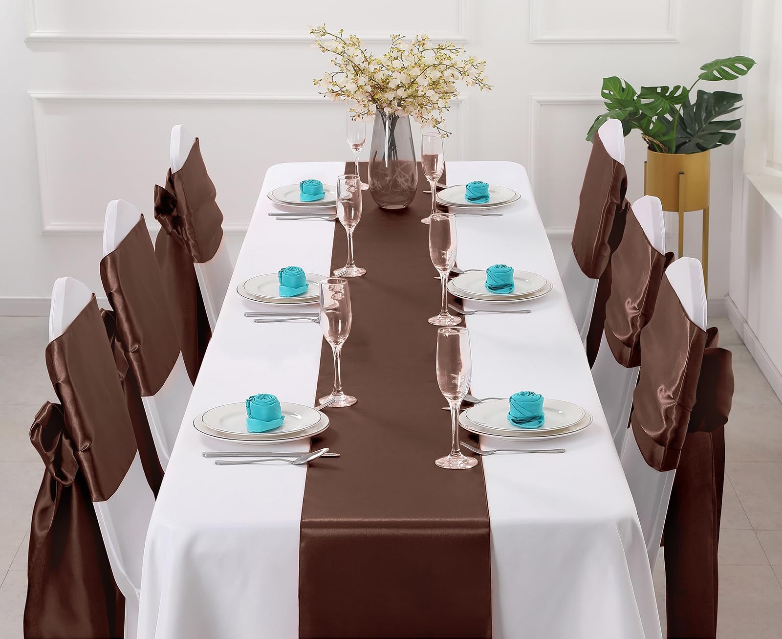 Horbaunal 12-pack satin table runners on banquet table for upscale events.
