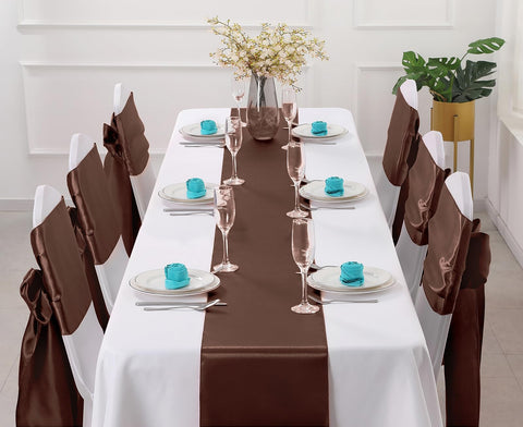 Horbaunal 12-pack satin table runners on banquet table for upscale events.