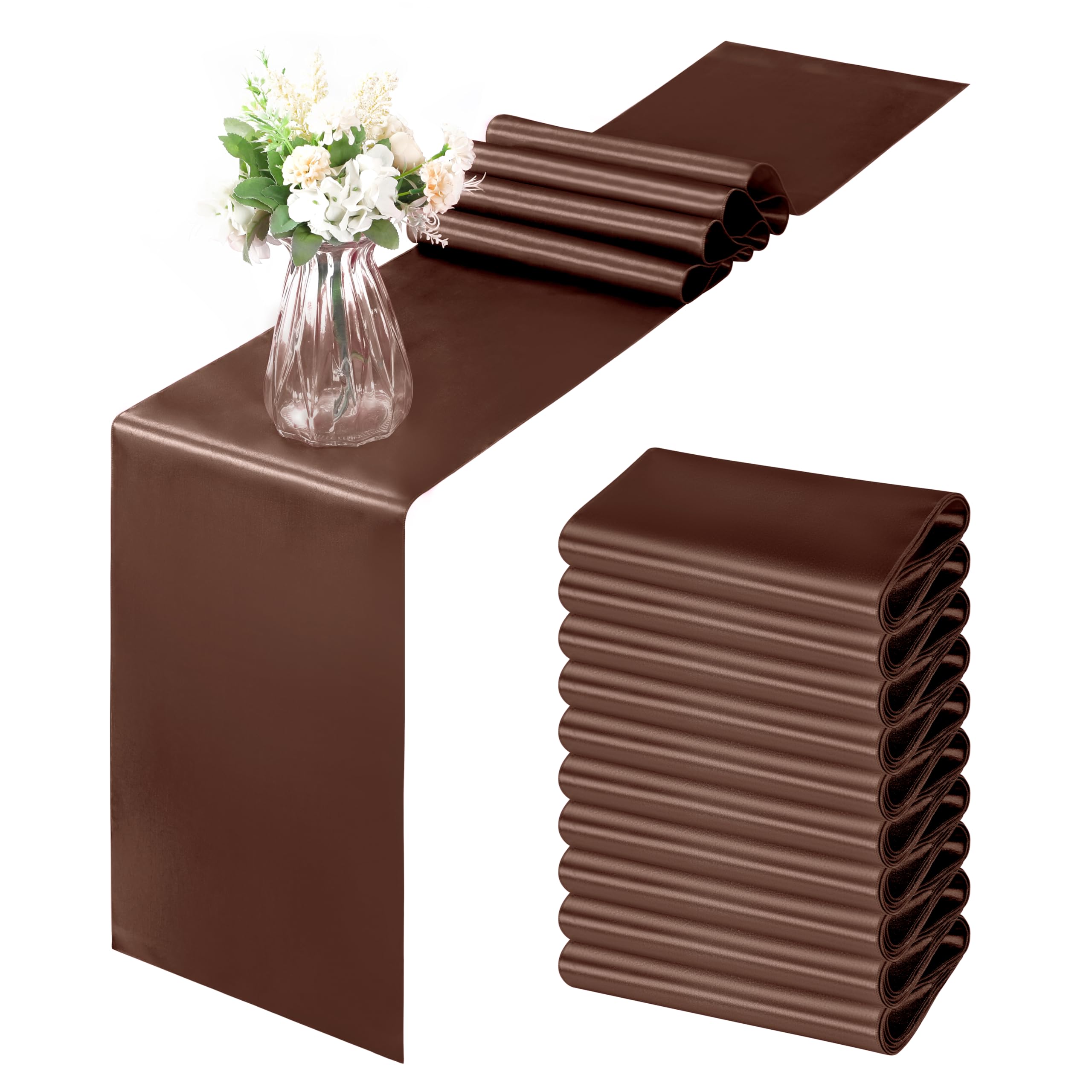 Horbaunal brown satin table runner with smooth drape for elegant wedding tables.