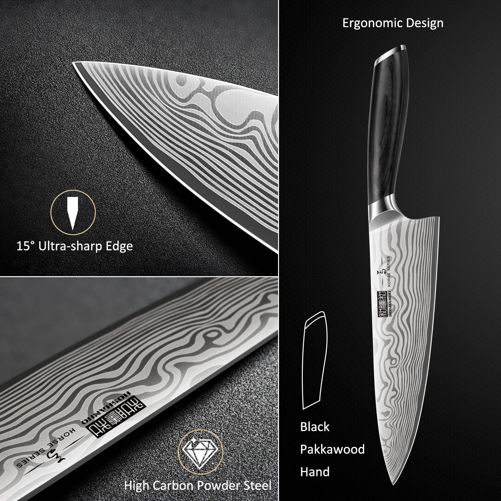 HOSHANHO 15-degree V-sharpened blades for precise cuts across ingredients.