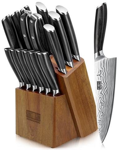 HOSHANHO 16-piece knife-set with block for organized kitchen storage and easy access