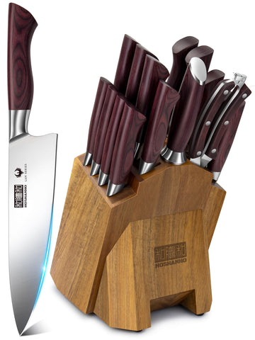 HOSHANHO 18-piece knife set with block for precise slicing and organized storage