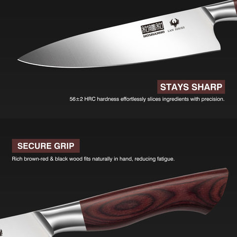 HOSHANHO 3.75-inch paring knife close-up, nimble prep for fruits and herbs.
