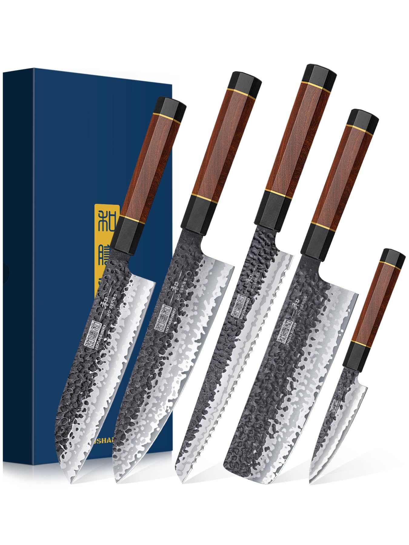 HOSHANHO 5-piece knife set with 8-inch bread knife, ideal for versatile slicing in the kitchen