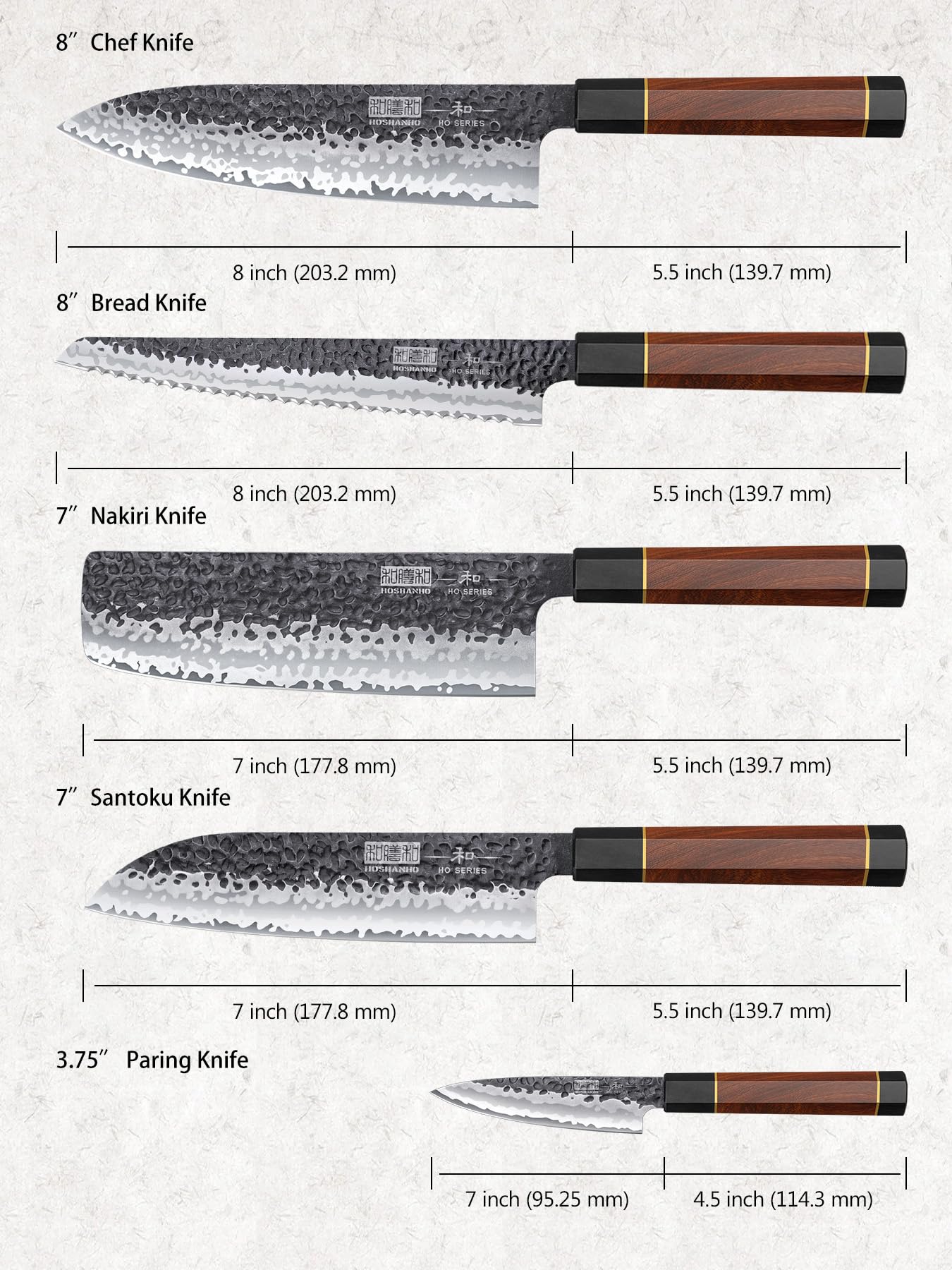 HOSHANHO 5-piece knife set showing 8-inch chef knife, sharp edge for precise cuts