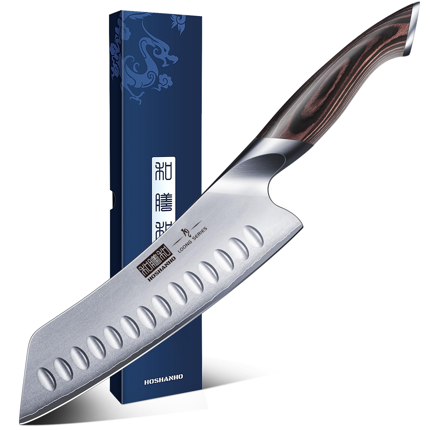 HOSHANHO 7-Inch blade close-up showing laminated steel and edge precision for clean slices