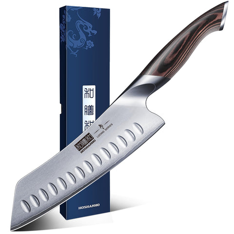 HOSHANHO 7-Inch blade close-up showing laminated steel and edge precision for clean slices