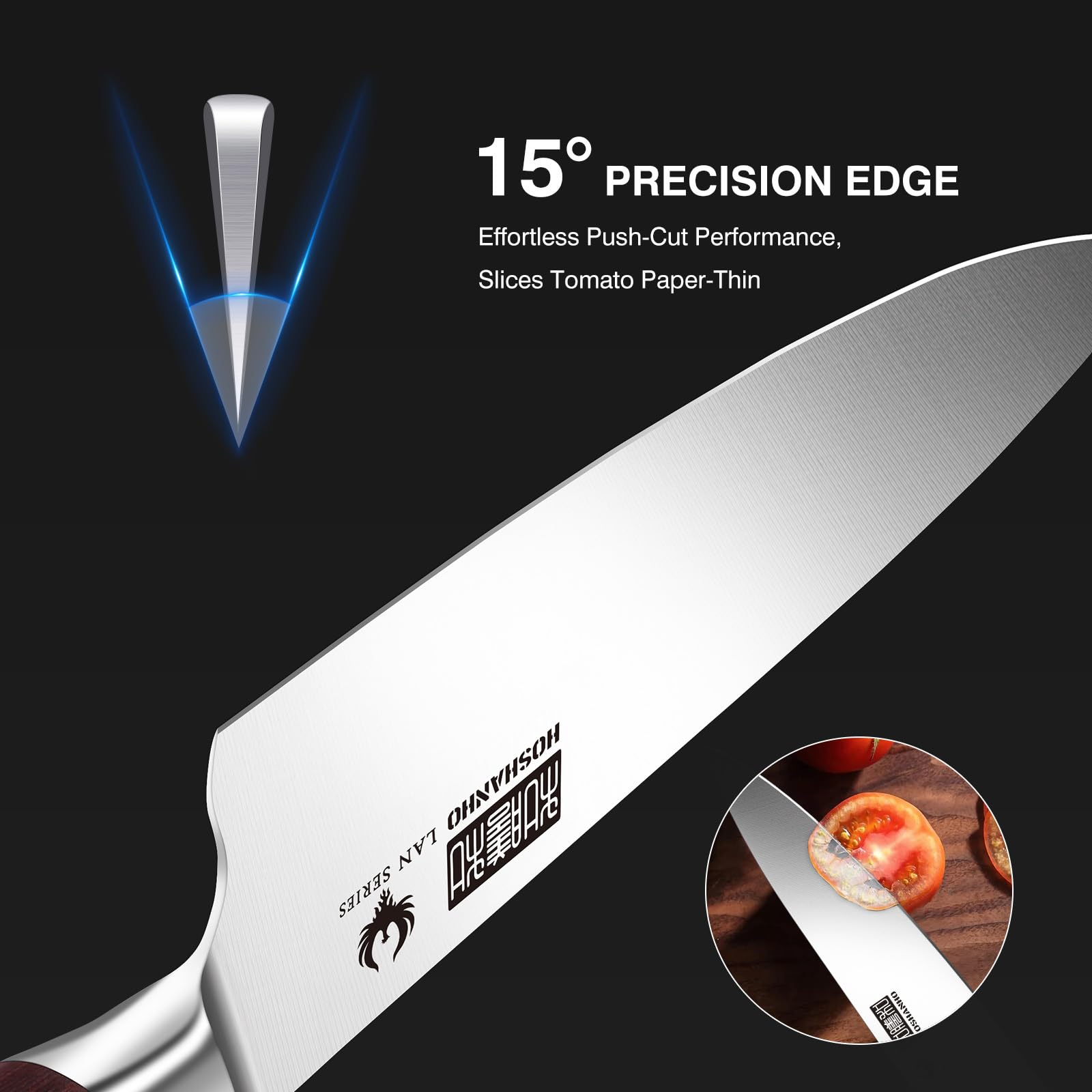 HOSHANHO 7-inch santoku knife close-up, precise vegetable and herb chopping.