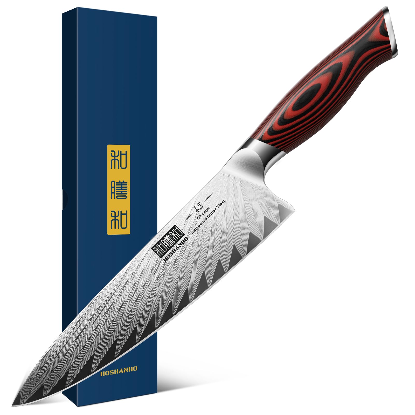 HOSHANHO blade close-up with Damascus pattern for durability and sharpness