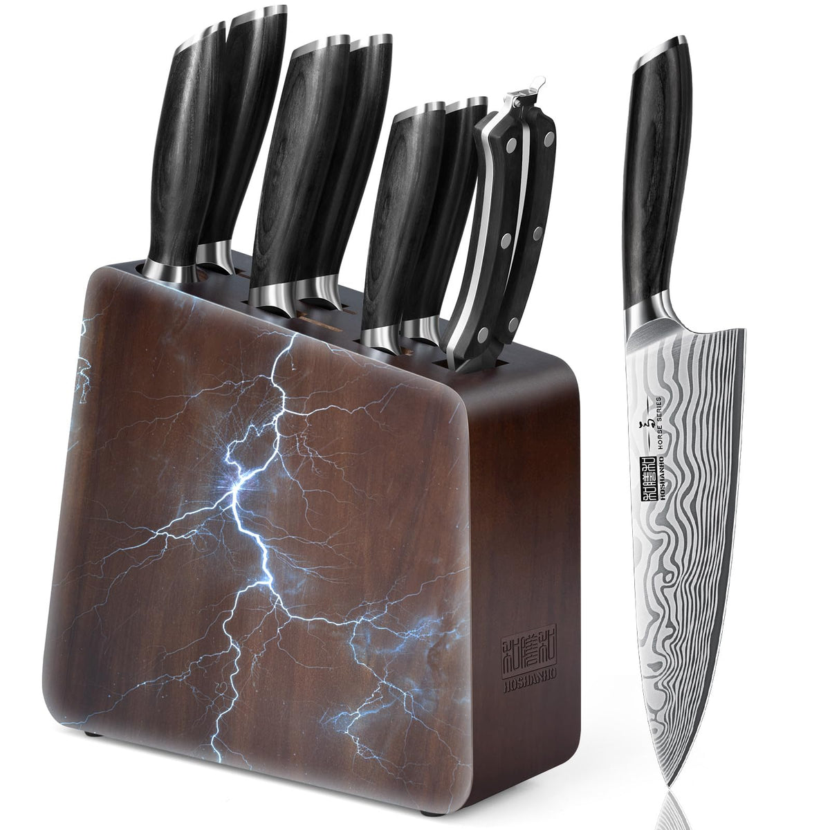 HOSHANHO 8-piece knife set with magnetic block keeps knives securely organized.