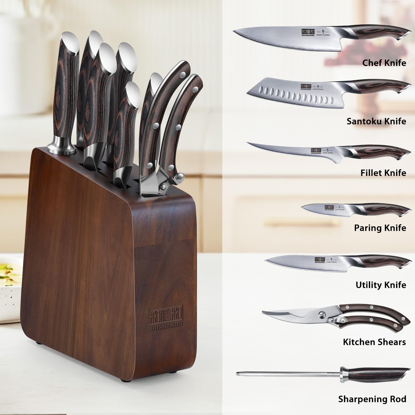 HOSHANHO acacia wood knife block close-up highlighting natural grain and stability