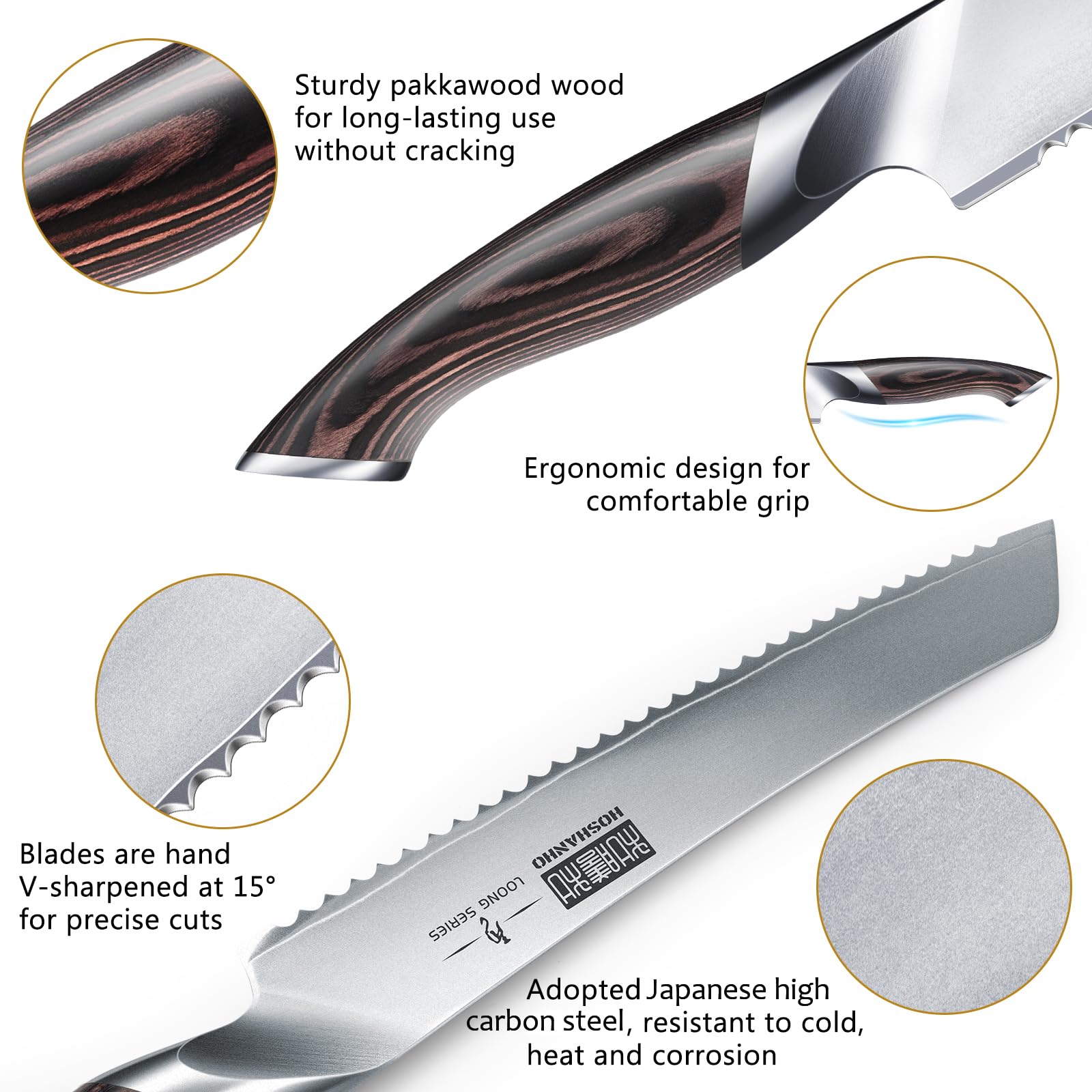 HOSHANHO bread knife ergonomic handle for stable, comfortable bread slicing