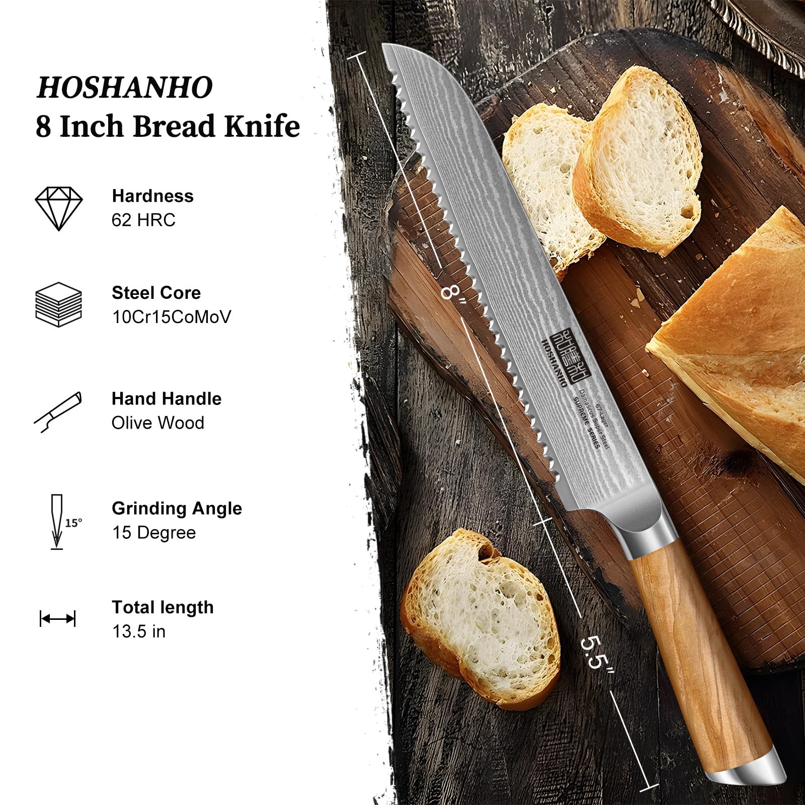 HOSHANHO bread knife with olive wood handle offers ergonomic grip