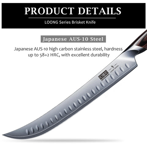 HOSHANHO brisket knife with ergonomic pakkawood handle for comfortable grip.