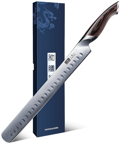 HOSHANHO 12 inch carving knife blade close-up for precise meat cutting