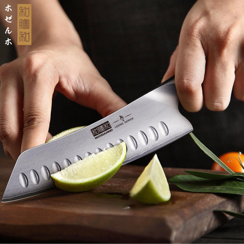 HOSHANHO chef knife in action on a kitchen counter