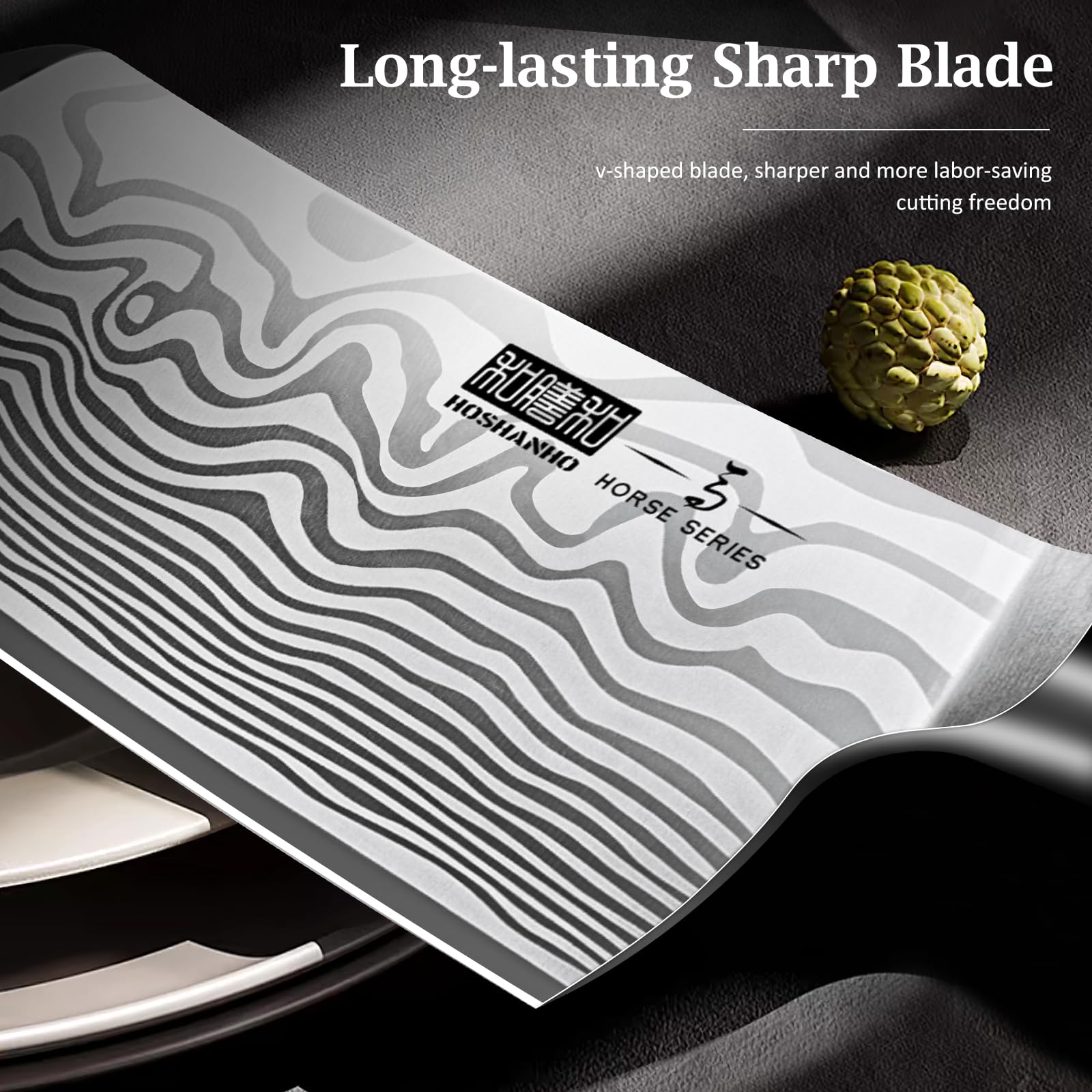 HOSHANHO laser-etched damascus-like pattern blade adds style and professionalism to kitchens.