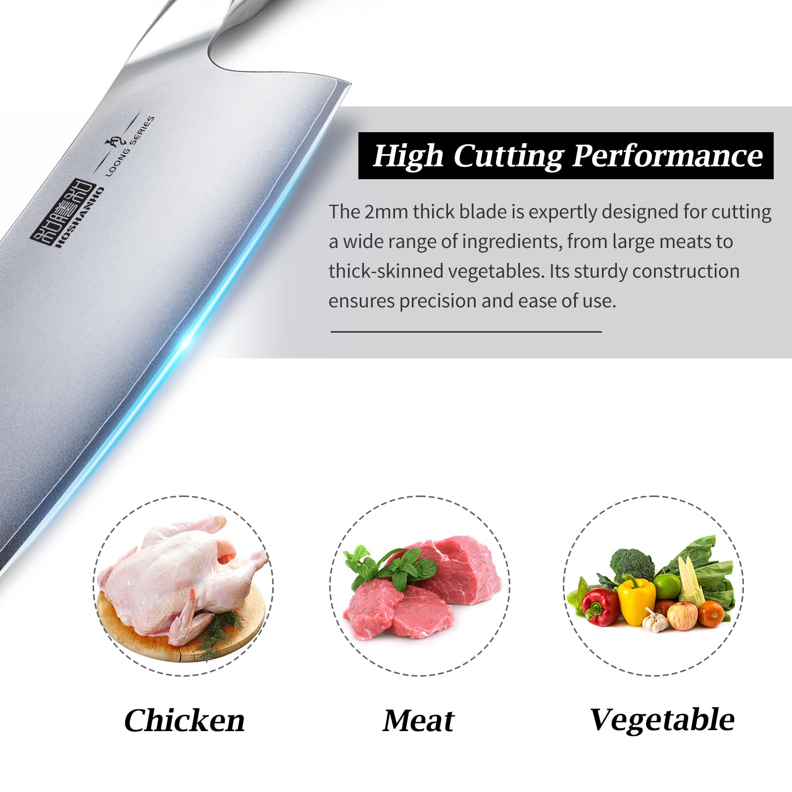 HOSHANHO Cleaver slicing vegetables to show versatility in the kitchen.