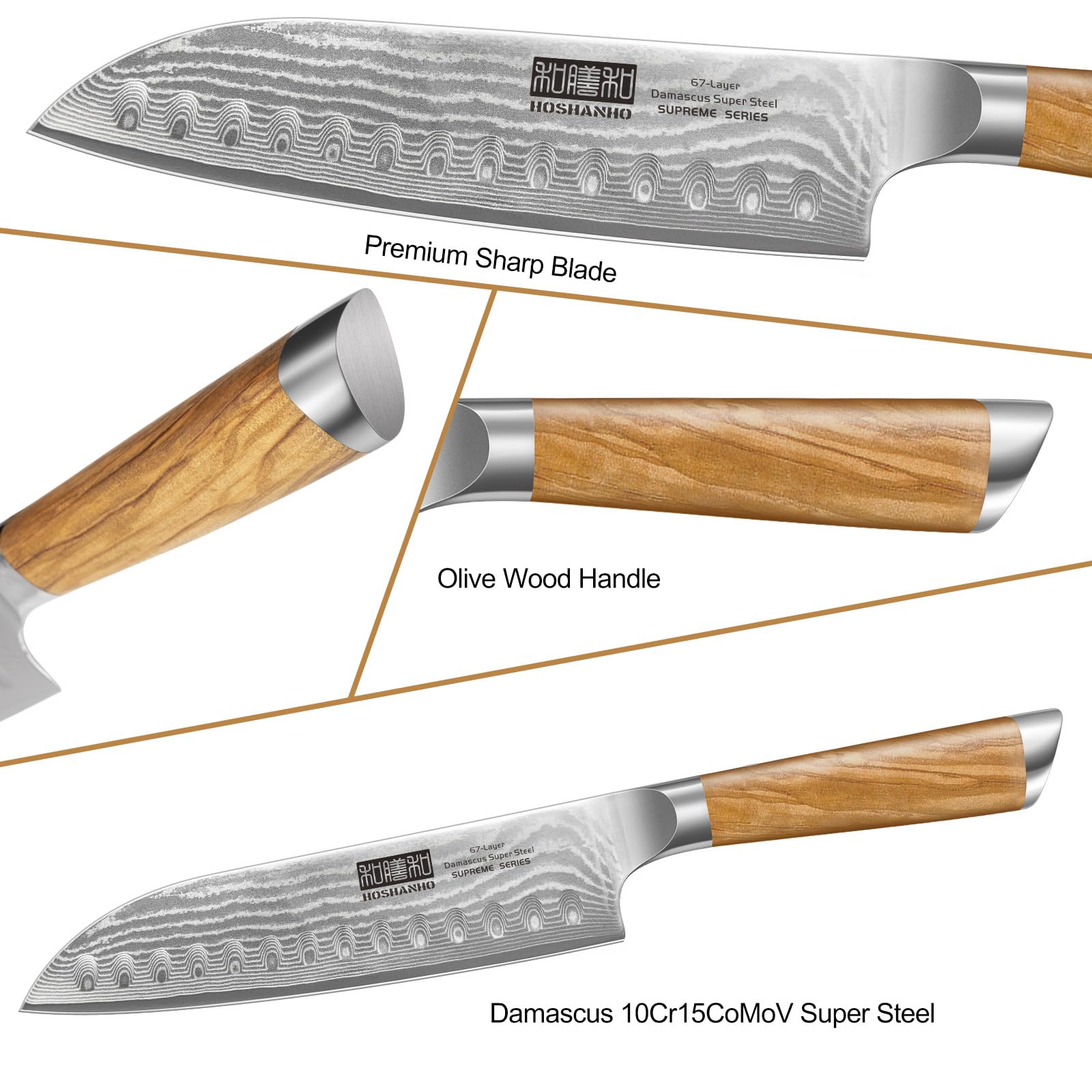 Close-up of olive wood ergonomic handle on HOSHANHO knife
