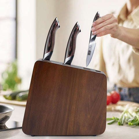 HOSHANHO durable acacia wood knife block adds a modern kitchen aesthetic