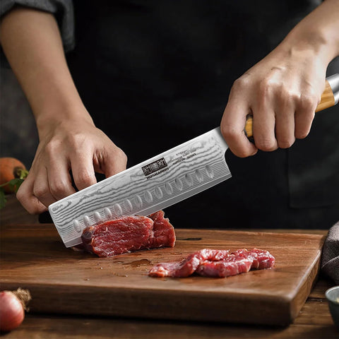 HOSHANHO ergonomic olive wood handle for balanced cuts.