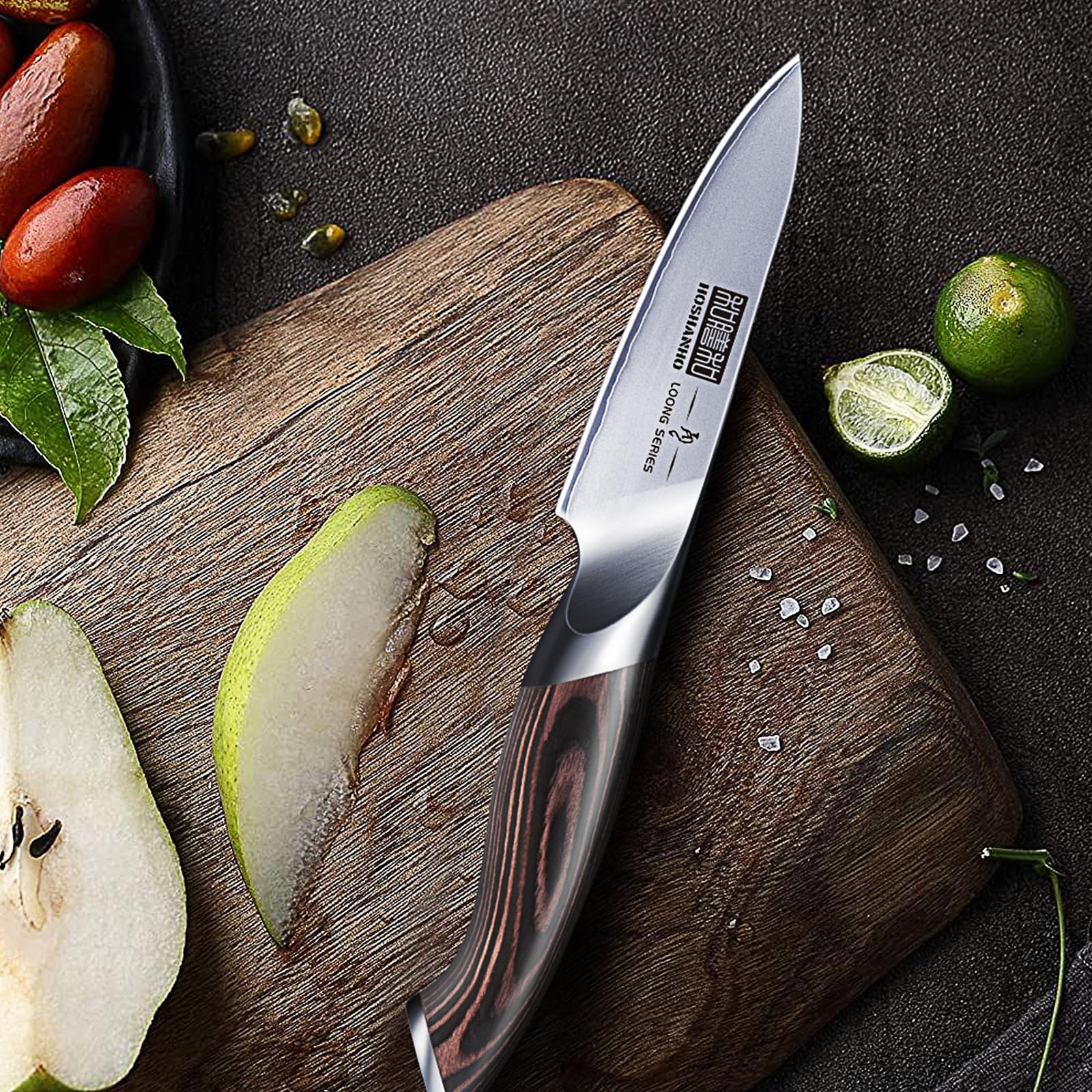 HOSHANHO kitchen knife in use in a professional setting.