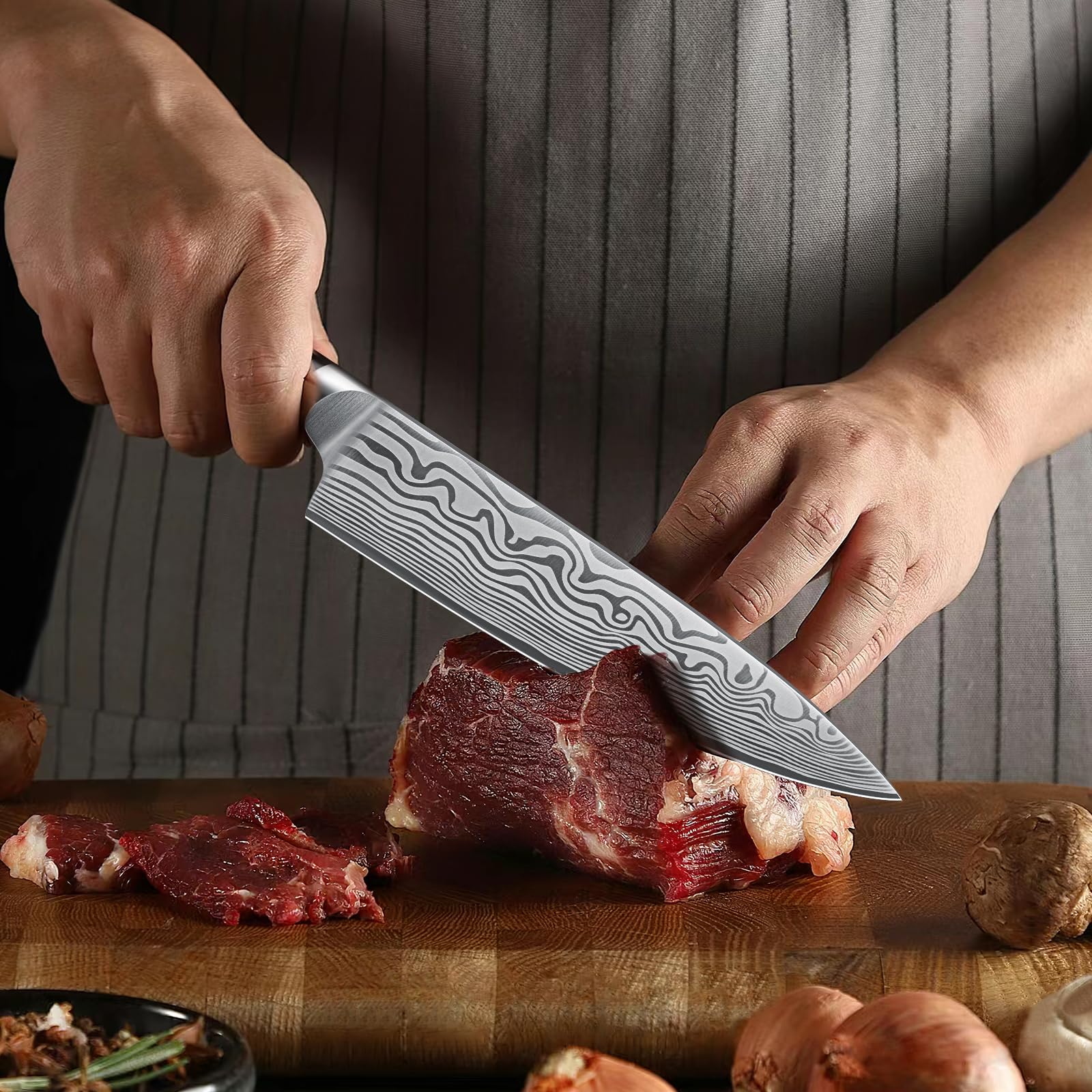 HOSHANHO knife in action on a cutting board during meal prep.