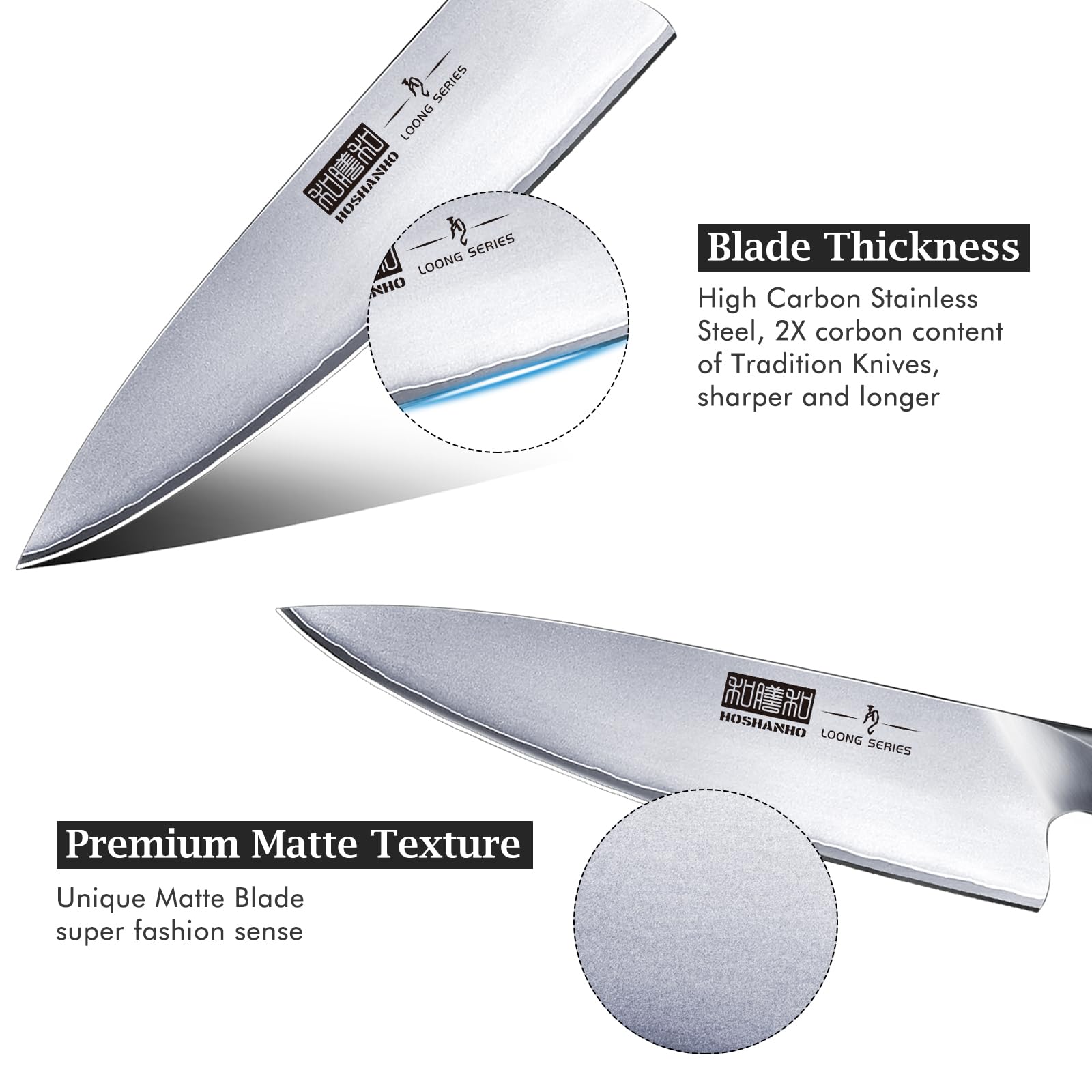 HOSHANHO knife blade close-up highlighting sharp, long-lasting edge.