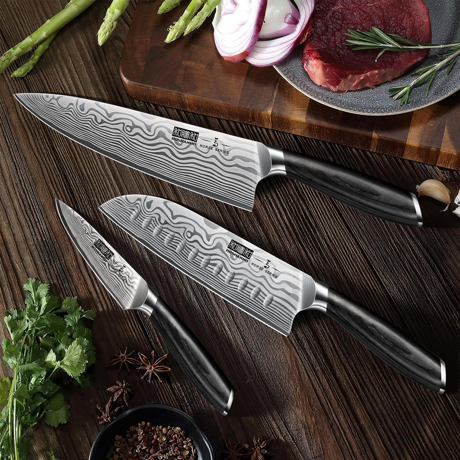 HOSHANHO knife set in action on a cutting board showcasing versatility.
