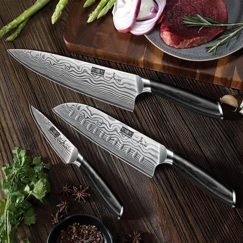 HOSHANHO knife set in action on a cutting board showcasing versatility.