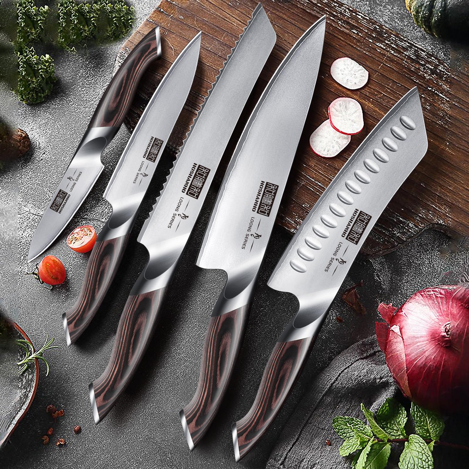 HOSHANHO knife set on counter highlights organized, attractive kitchen display.