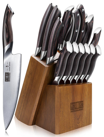 HOSHANHO knife set displayed with wood block for organized, easy access during meal prep