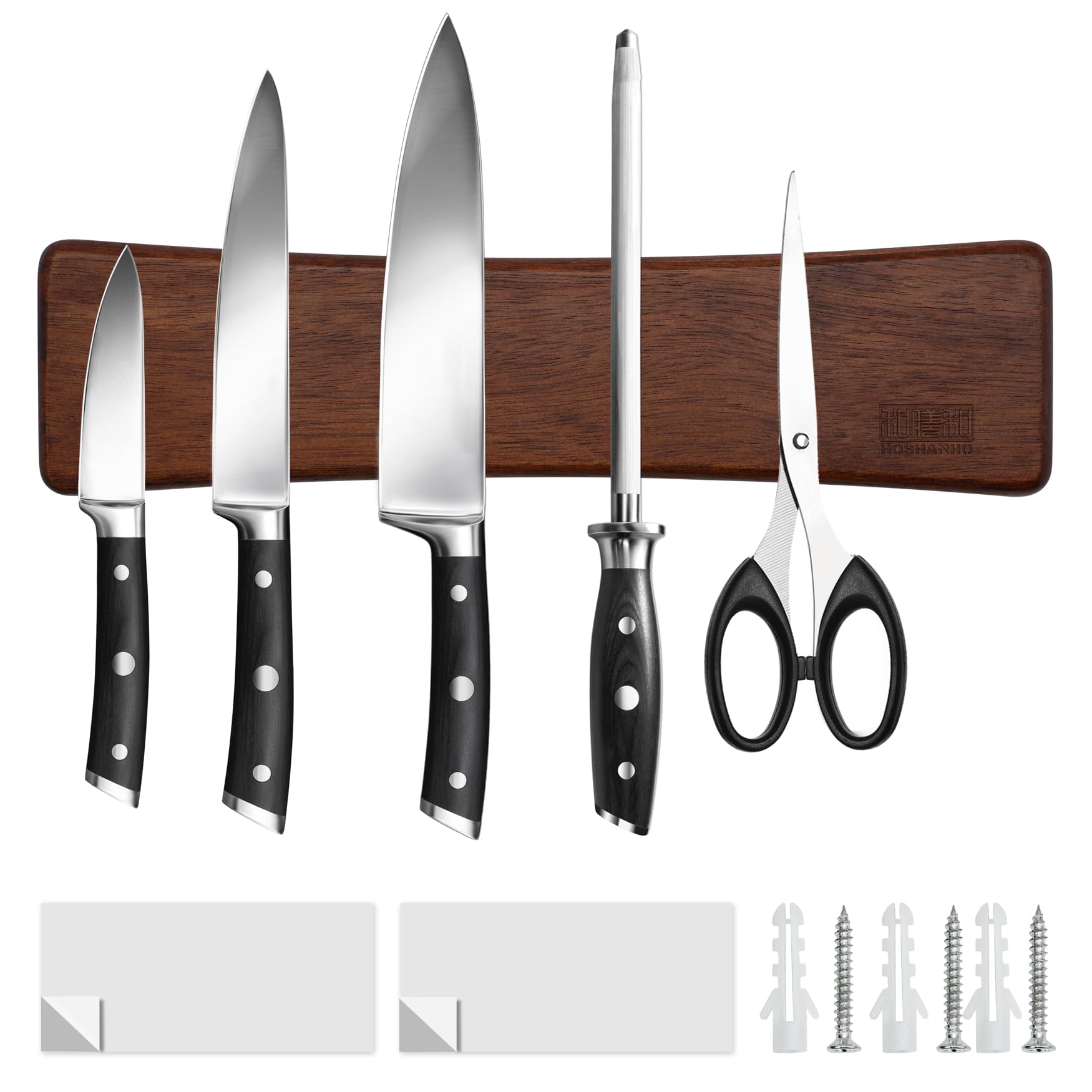 HOSHANHO knife strip in acacia wood keeps knives secure and within reach.