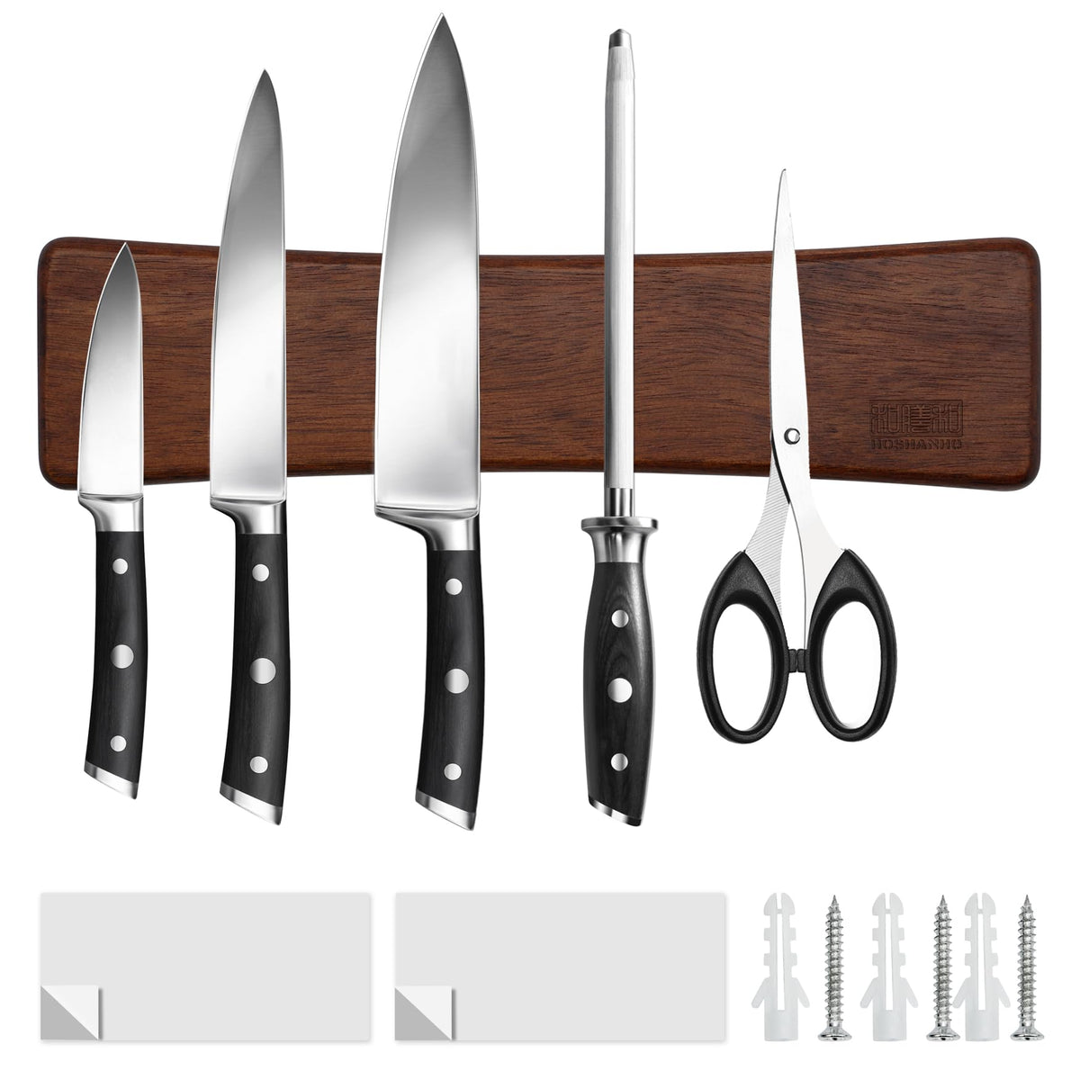 HOSHANHO knife strip in acacia wood keeps knives secure and within reach.