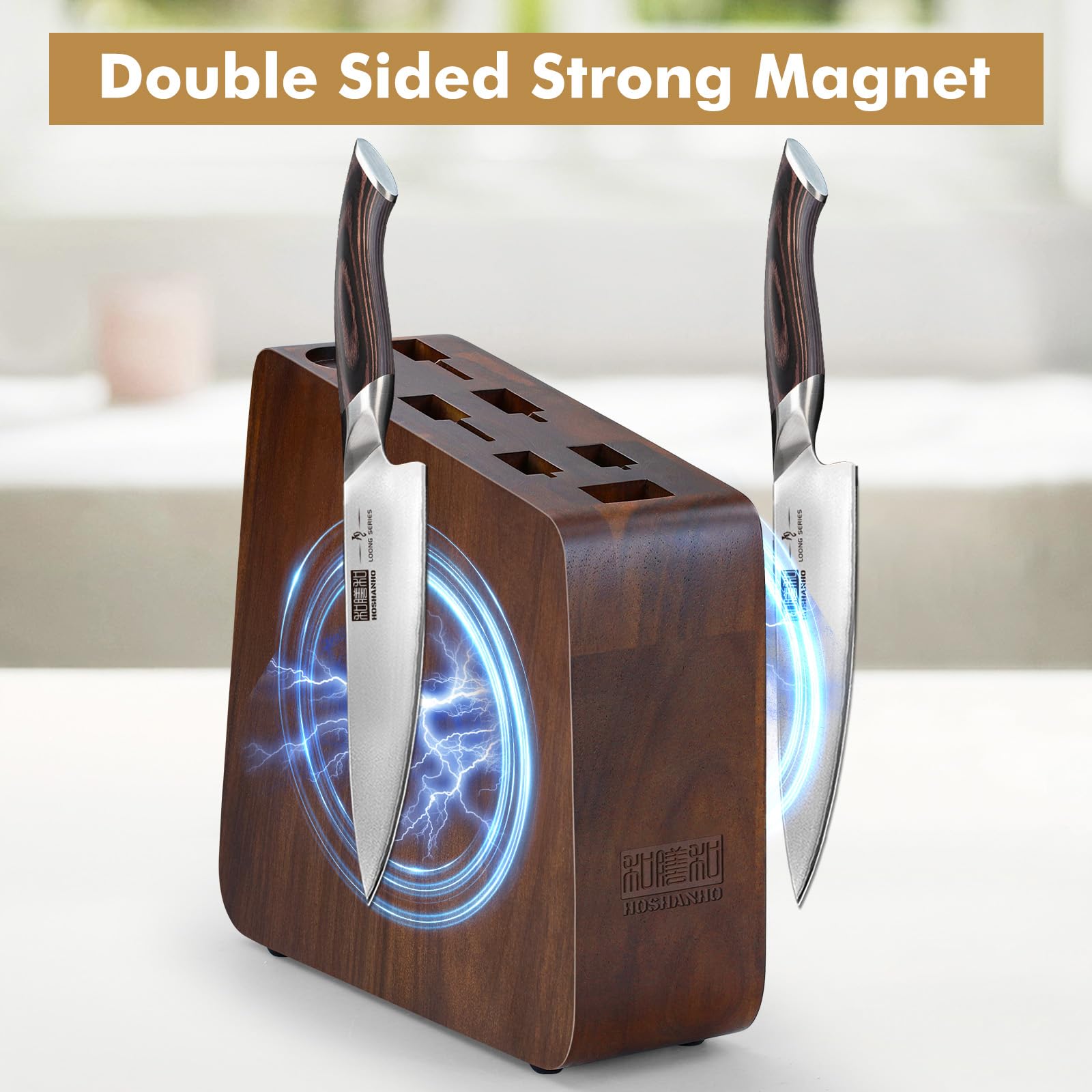 HOSHANHO knife block with knives organized in parallel slots to prevent scratches