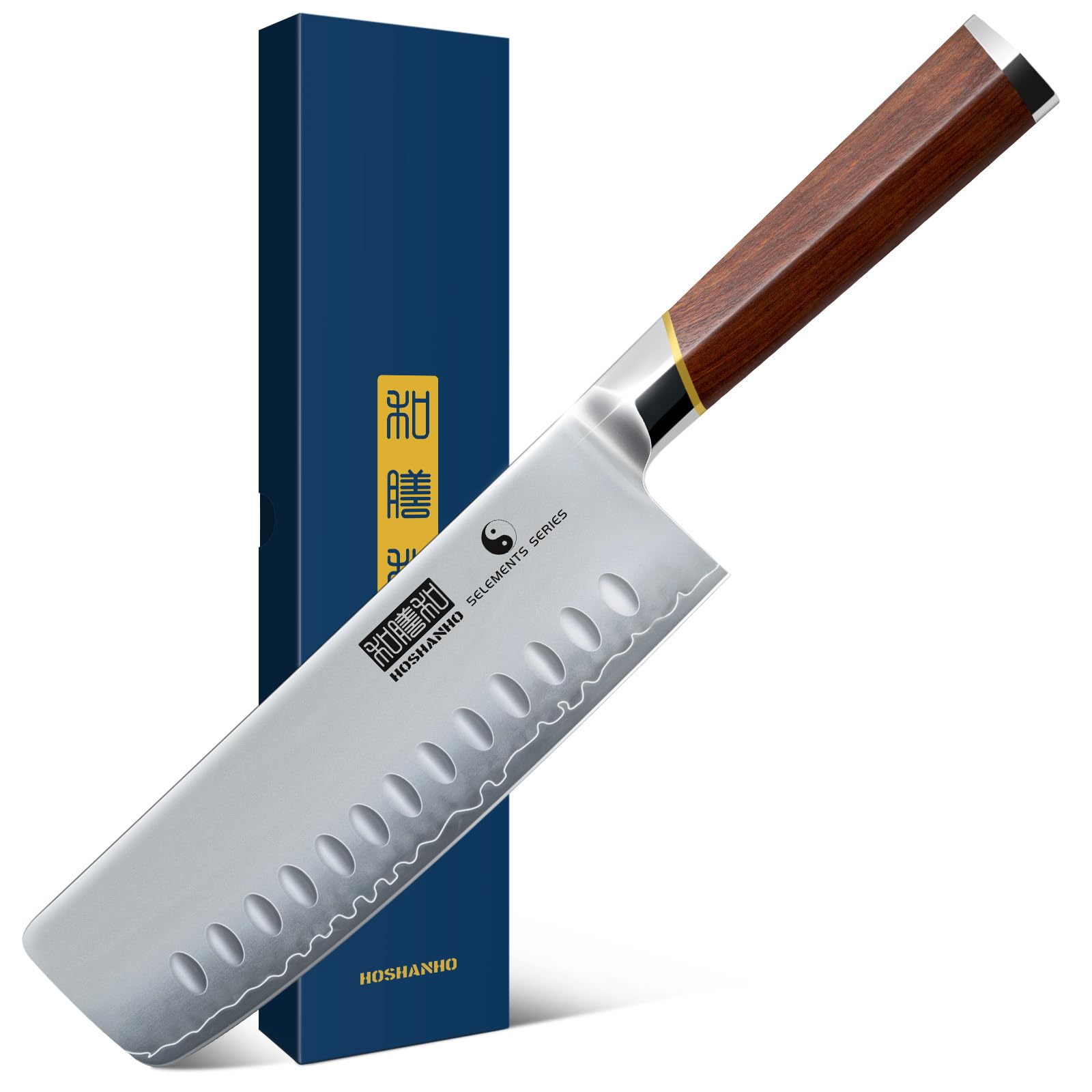 HOSHANHO Nakiri Knife 7 Inch blade close-up highlighting precise vegetable slicing.