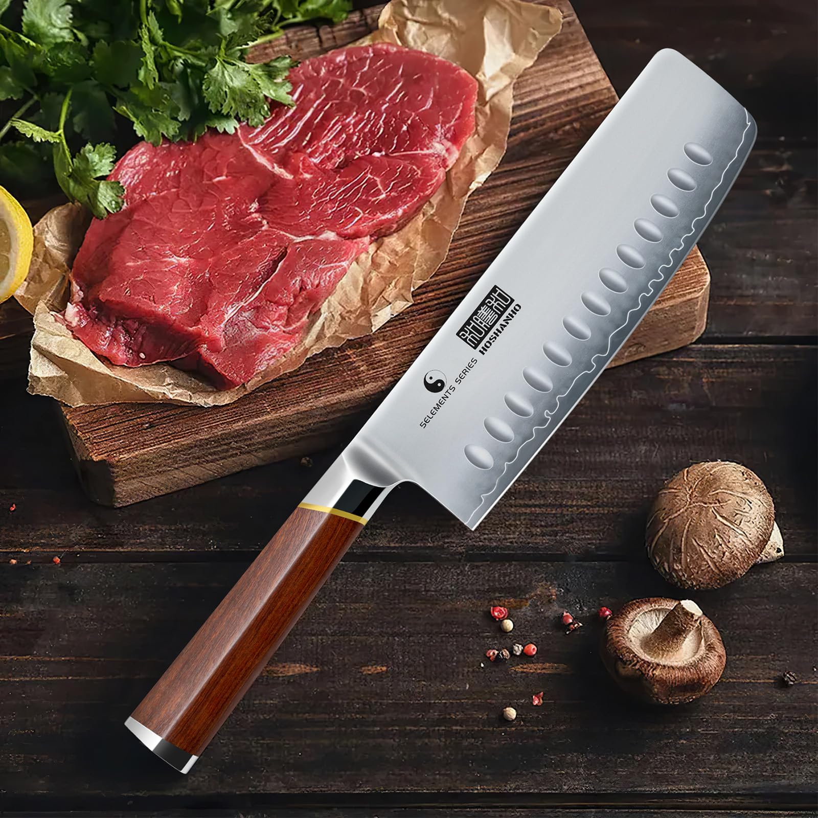 HOSHANHO Nakiri Knife blade profile highlights flat belly for chopping efficiency.